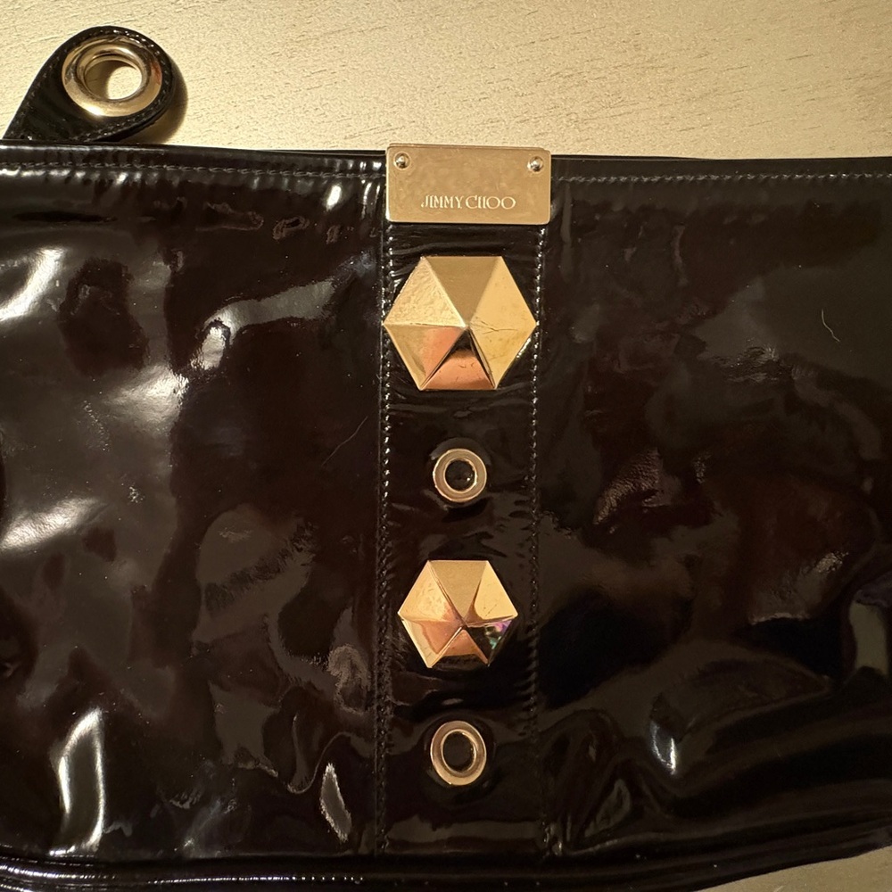 Jimmy Choo Glossy Black Clutch with Gold Studs